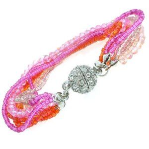 Magnetic Closure Pave Ball Hot Pink Orange Facet Crystal Multi Layered Bracelet